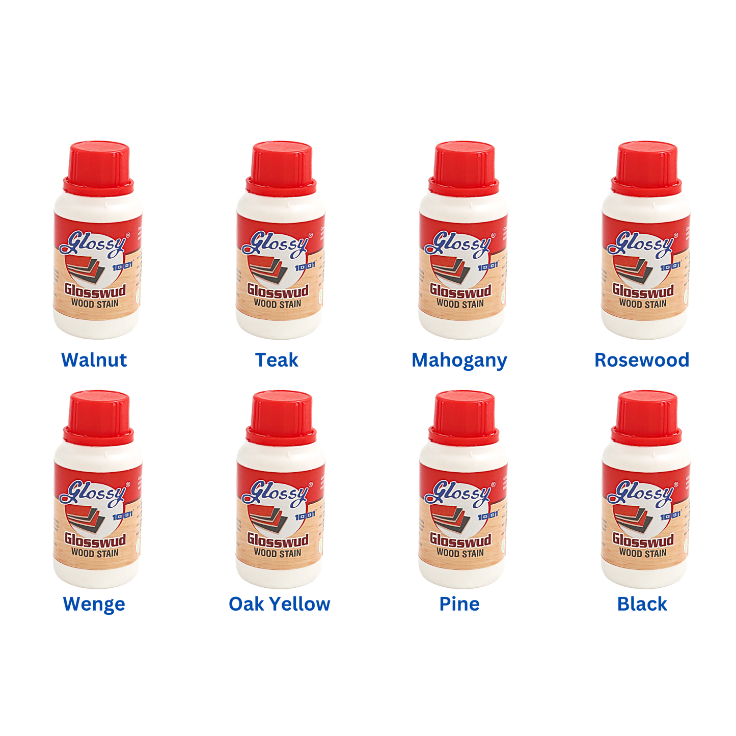Set of Glossy 1001 wood wood stain bottles in various colors with red caps on a white background.