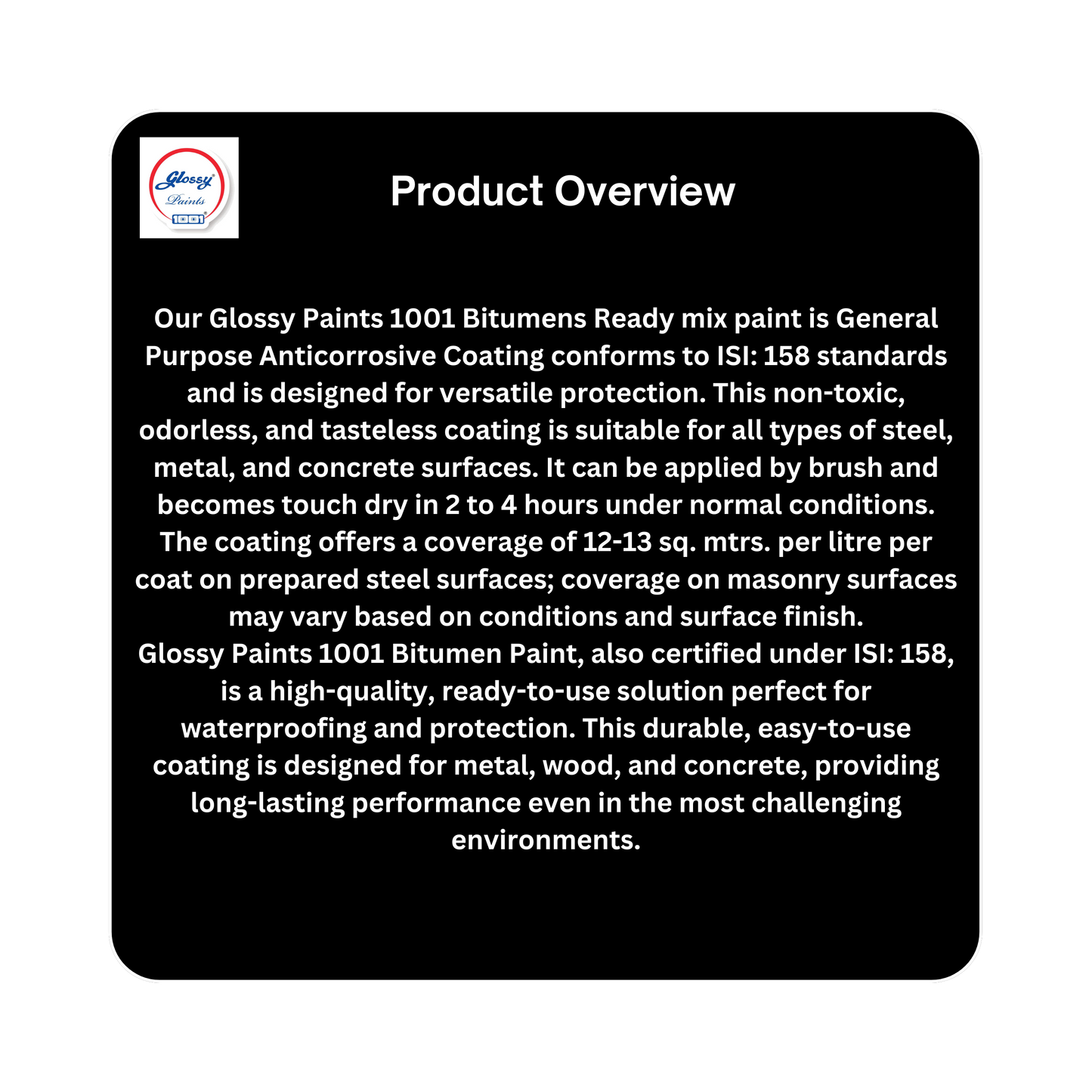 1001 Ready Mixed Paint, RMP Brushing Bituminous, Black, Lead Free, Acid Alkali and Heat Resisting  ST - IS 158