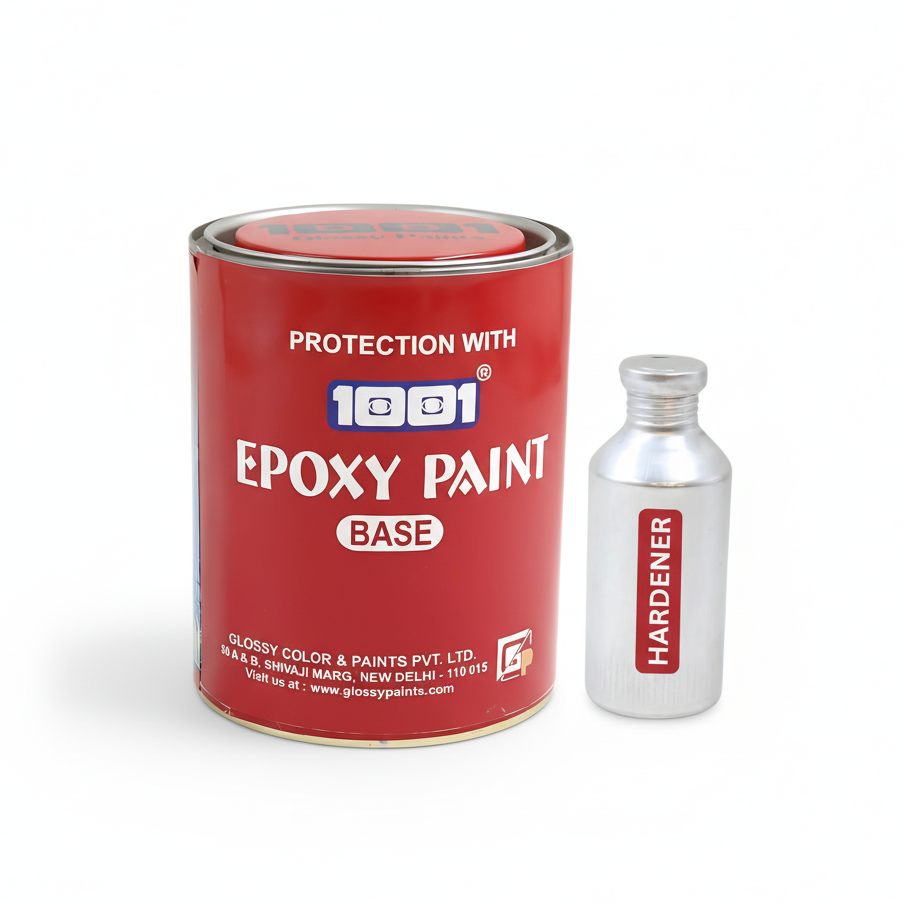 Red can of epoxy paint with a bottle labeled 'Hardener' on a white background